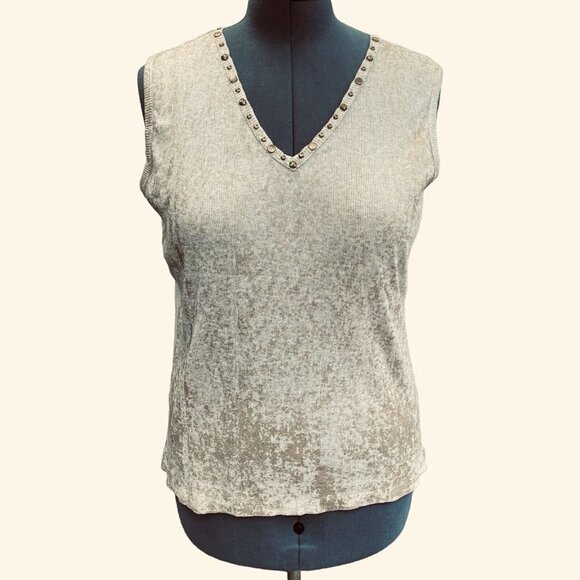 Great Northwest Tops - GREAT NORTHWEST Ribbed Sleeveless Top Size L Tan Gold Studs & Glitter Stretch